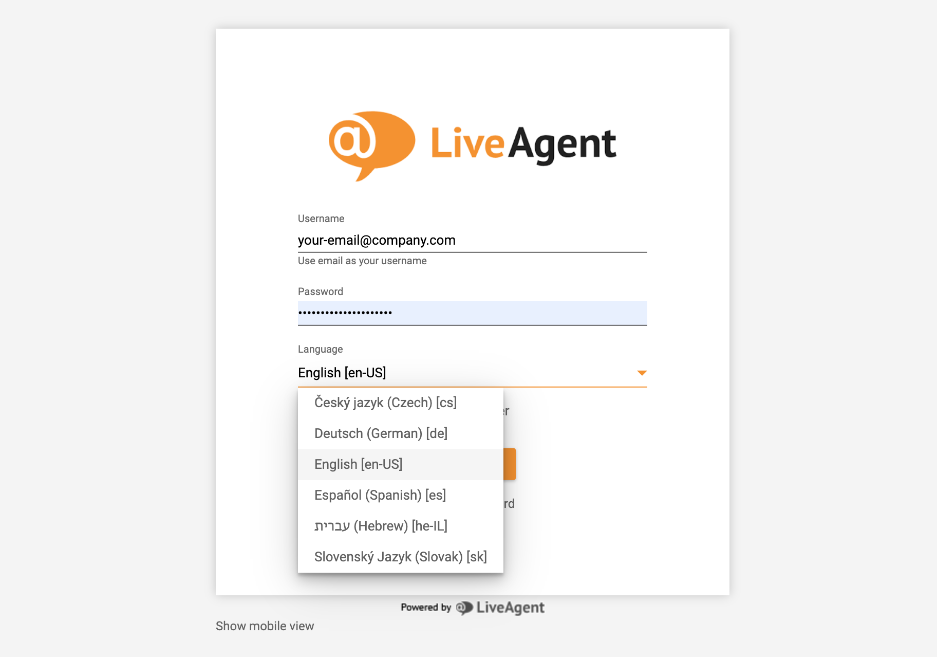 LiveAgenti sisselogimine - keelte valik